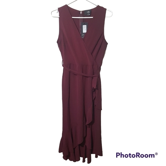 Ax Paris Plum Frill Faux Wrap Belted High Low Sleeveless Maxi Dress - Picture 1 of 15